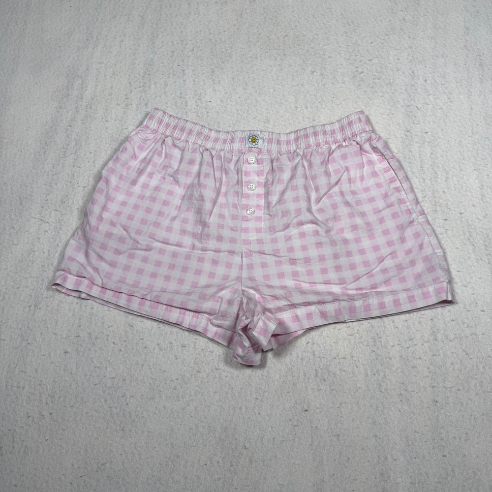 Happily Grey Pink Gingham Pajama Shorts Daisy Patch Button Fly Lounge Medium